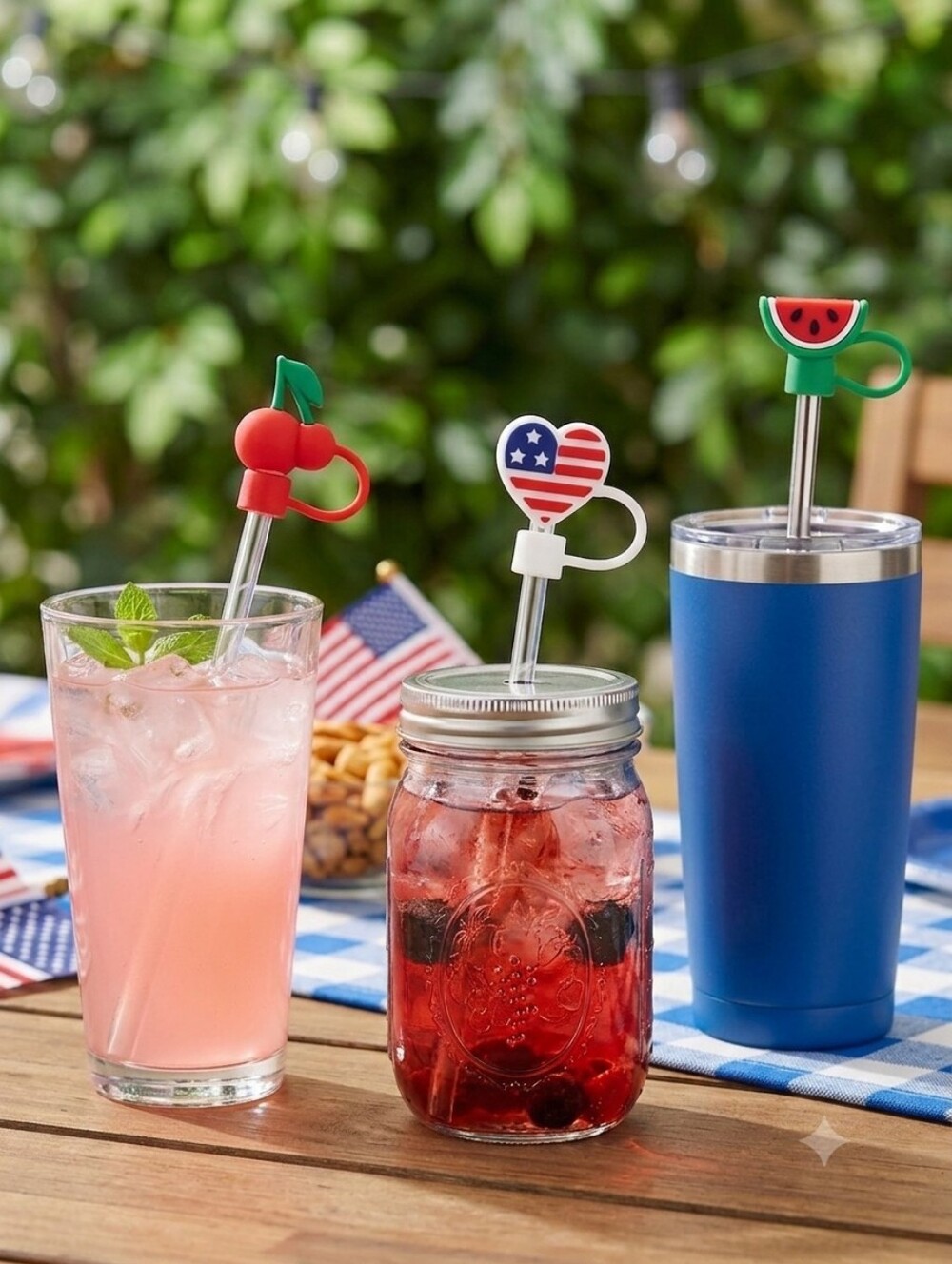 Way to Celebrate! Patriotic Red, White & Green Straw Toppers - 3 Pack